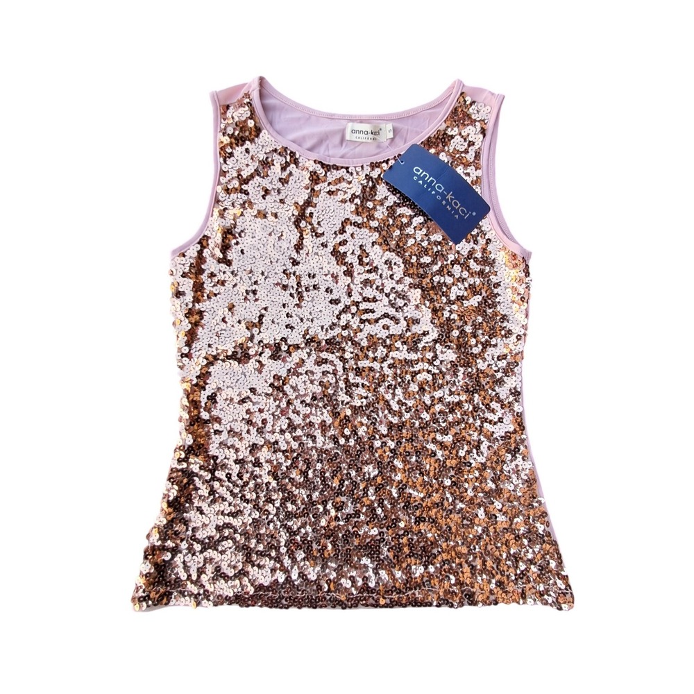 Anna-Kaci Rose Gold Sequin Tank Top Womens Small Pink NWT Sparkle Party